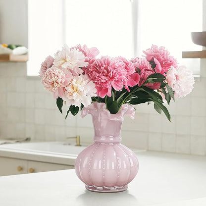 Joeyan Handmade Pink Glass Flower Vase,7.9" Vintage Decorative Urn Vase for Centrepieces Bouquet Wedding,Colored Thickened Pedestal Decorations for Rustic Home Living Room Office Farmhouse
