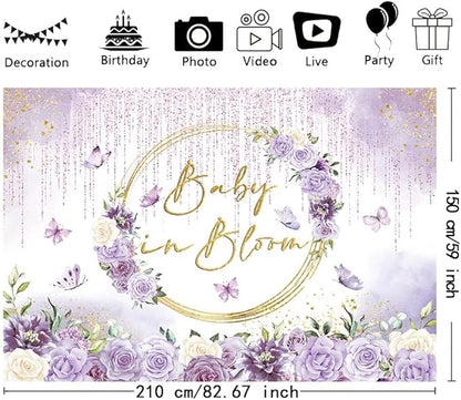 MEHOFOND Baby in Bloom Baby Shower Backdrop Purple Floral Butterfly Baby Shower Party Decorations Baby Girl's Watercolor Floral Glitter Drops Decorations Supplies Banner Photo Booth Studio Props