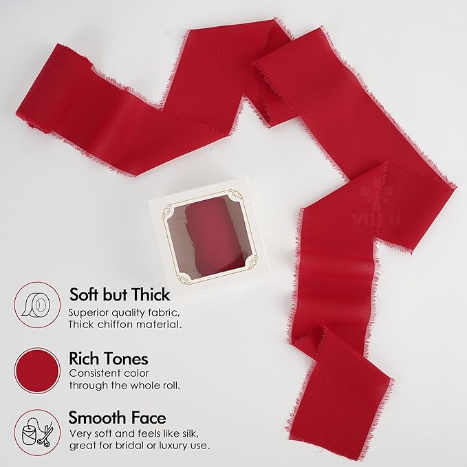 MEEDEE Red Chiffon Ribbon 3 Inch Frayed Ribbon Chiffon Silk Red Fringe Ribbons Wide Chiffon Ribbons for Crafts, Flower Bouquet, Wedding Favors Wrapping (2 Rolls 10 Yards)