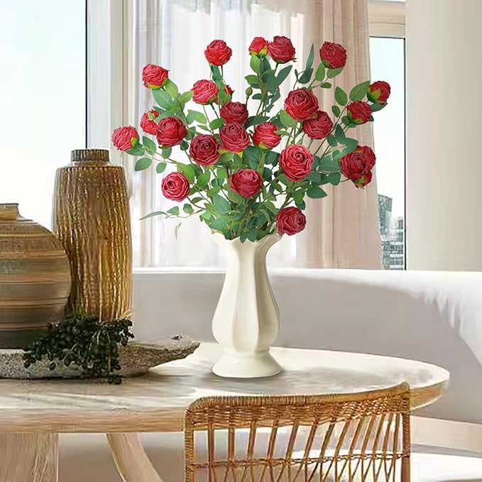 CHIAVE 8pcs 24 Flower Buds Artificial Vintage Roses Fake Silk Rose Flowers with Long Stem for DIY Bouquets Wedding Centerpiece Party Home Kitchen Shorp Decoration-Red