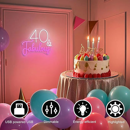 40&Fabulous LED Neon Light Sign forty Years Old Birthday Party Wall Decor Sign Gifts Bedroom Sign for Women Men Backdrop Happy 40th Birthday Party Favor