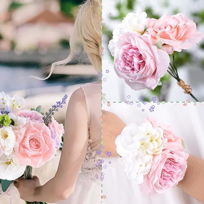 Jspupifip Purple Pink Artificial Flowers Combo Box, Silk Floral Wedding Bouquets Rose with Stem for DIY Wedding Arrangement Bridal Baby Shower Flower Vase Centerpiece Cake Decor