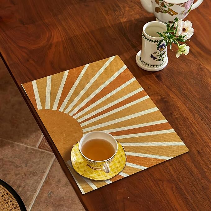 Boho Placemats Set of 4, 70s Retro Boho Neutral Sun Sunshine Placemats, Boho Mid Century Modern Table Mats Place Mats for Kitchen Dining Table Decoration 16.9x11.4 Inch