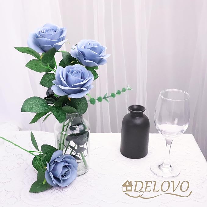 52pcs Dusty Blue Roses Artificial Flowers Fake Flowers Silk Roses with Stems for DIY Wedding Bouquets Bridal Shower Centerpieces Arrangements Party Decorations