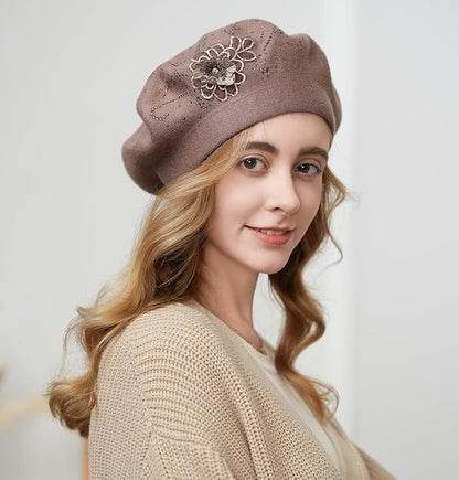 Flower Embroidery Beret Hat for Women, French Style Knitted Beret Hats, Stylish Solid Color Beret Cap for Women Girls Lady