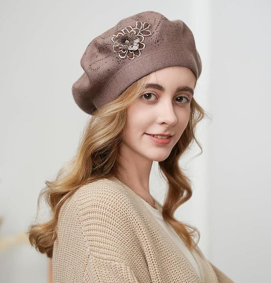 Flower Embroidery Beret Hat for Women, French Style Knitted Beret Hats, Stylish Solid Color Beret Cap for Women Girls Lady