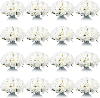 Jexine 240 Pcs Artificial Rose Flowers Bouquet Silk Realistic Flowers Bulk Centerpieces DIY Bride Fake Rose for Home Bridal Wedding Party Decorations(White)