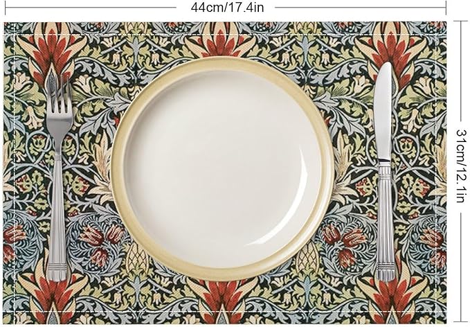 Vintage Flower Placemats Set of 6, William Morris Retro Boho Botanical Plant Place Mats, Heat Resistant Non Slip Cotton Linen Dining Table Mats for Home Kitchen Party 18x12 Inch