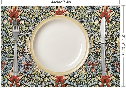 Vintage Flower Placemats Set of 4, William Morris Retro Boho Botanical Plant Place Mats, Heat Resistant Non Slip Cotton Linen Dining Table Mats for Home Kitchen Party 18x12 Inch