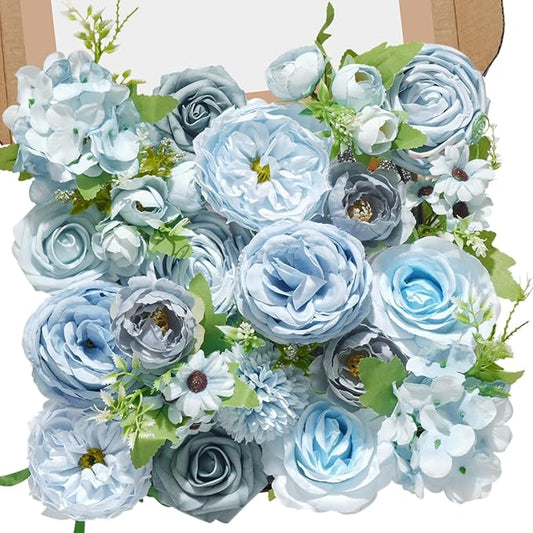 Serwalin Artificial Flowers,Blue Silk Fake Flowers Box for DIY Wedding Bridal Bouquet, Wedding Cake Flowers for Table Centerpieces Birthday Party Bridal Shower Home Decorations