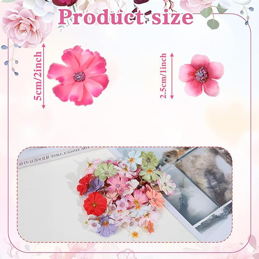 150Pcs Mini Artificial Flowers for Decoration,Faux Flower Heads,Mini Fabric Flowers for Crafts, Garland, Wedding Decor, Stemless Small Fake Flower in 2 Sizes(Multicolor)