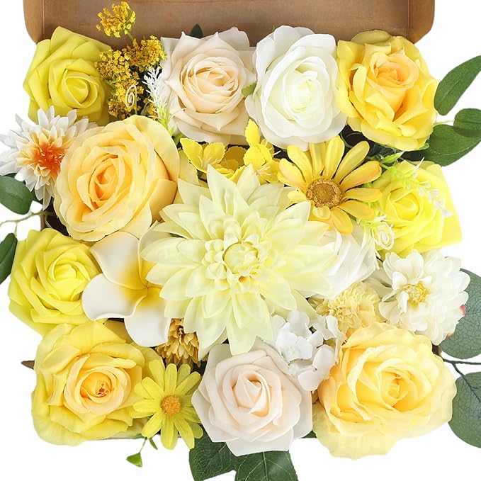Multi Use Artificial Flowers Combo for DIY Centerpieces Arrangements Wedding Bridal Bouquet Table Chair Decor Candle Holder Baby Shower Cake Decor Flower Strips Home Décor (Yellow)