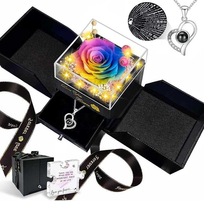 Preserved Real Rose-Eternal Flowers Rose Mothers Day for Mom Women Her Wife Girlfriend on Birthday Valentines with I Love You Necklace 100 Languages Romantic Gift (Color)