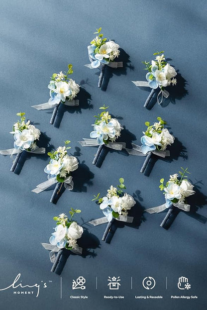 Ling's Moment Boutonniere for Men, 10pcs Groomsmen Guest Boutonniere, Artificial Flowers for Wedding Décor/Prom/Homecoming,etc.Blue