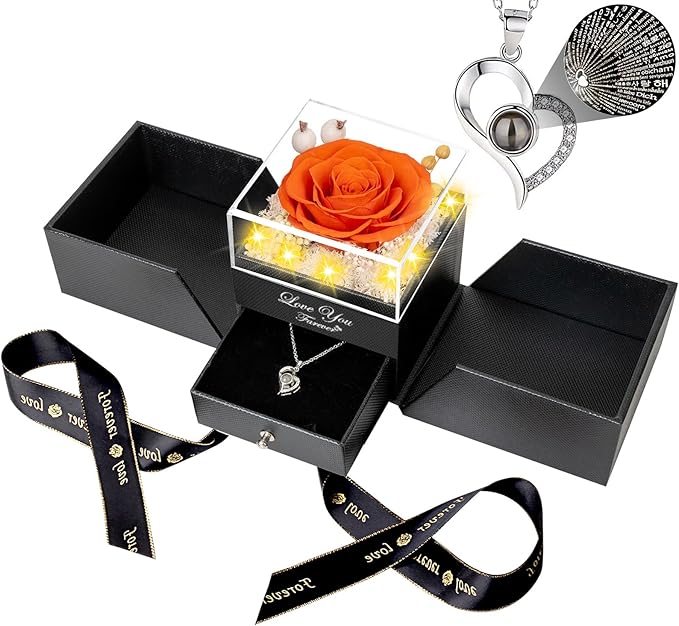 Preserved Orange Real Rose-Eternal Flowers Rose Gifts for Mom Grandma Wife Girlfriend on Mothers Day Birthday Valentines Christmas Anniversary Romantic Gifts for Her with I Love You Necklace