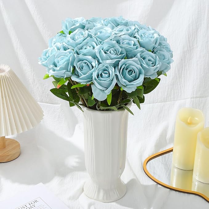 80 Pcs Roses Artificial Flowers, Silk Haze Blue Artificial Flowers Petals Long Stem Roses for Wedding Bouquet Home Party Decor
