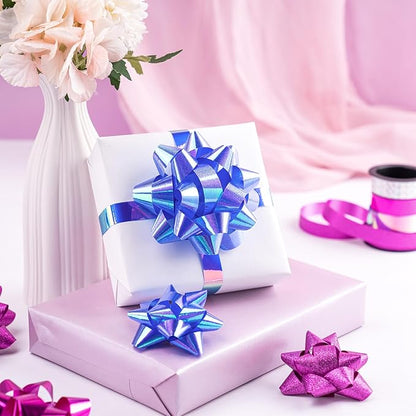 WRAPAHOLIC 16 Pcs Gift Bows Assortment - 14 Multi Colored Assorted Size Gift Bows(Purple, Silver, Blue), 2 Crimped Curling Ribbons, Perfect for Holiday, Party