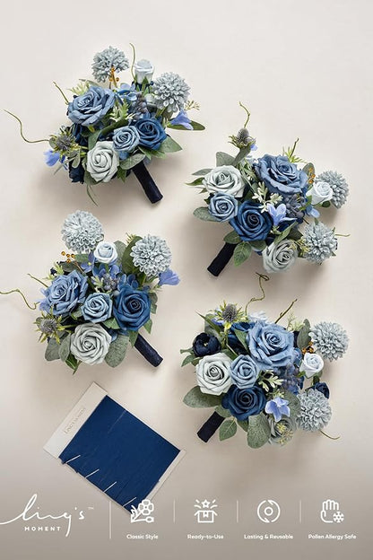 Ling's moment Blue Bridesmaid Bouquet Set of 4, Dusty Blue and Navy Blue Wedding Bouquets for Bridesmaids, 7 Inch Bridal Bouquets for Bridesmaids, Wedding, Ceremony, Anniversary