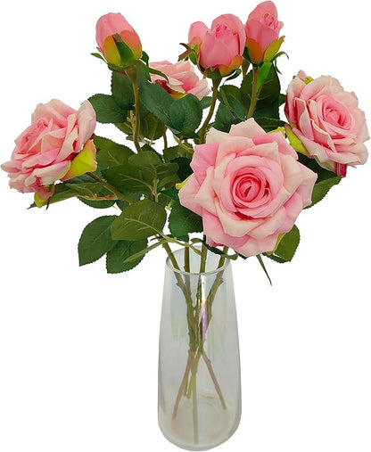 ATFL Fake Pink Roses Flowers, 6 Pcs Faux Silk Real Touch Moisturizing Artificial Pink Rose Flowers for Decoration DIY, Wedding Party, Home Office Decoration and Dining Table Centerpiece (6, Pink)