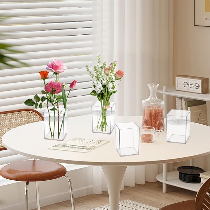 30 PCS Clear Square Vase 2.7'' x 2.7'' Plastic Flower Vases Centerpieces Cube Plastic Container Bulk Small Clear Flower Container for Home Office Wedding Party Decorations