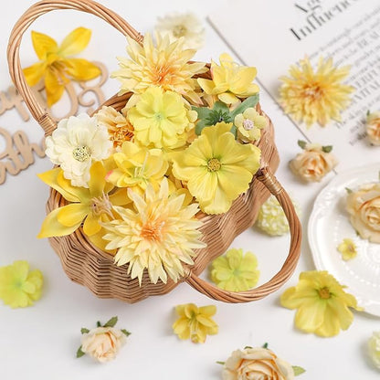 YYHUAWU Fake Flower Heads Mini Yellow Artificial Flower Faux Dahlia Rose Flowers Multicolor Silk Daisy Flower Heads for Craft Garland Wedding Bridal Baby Shower Home Party Decoration DIY Cake Decor