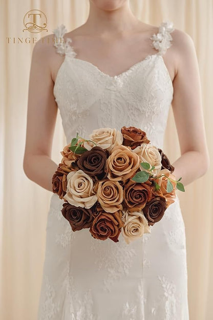 TINGE TIME Artificial Flowers Combo Box Set 16PCS Fake Rose Silk Flower with Stem for DIY Wedding Bouquets Centerpieces Baby Shower Party Home Fall Decoration (Gradient Burnt Orange)