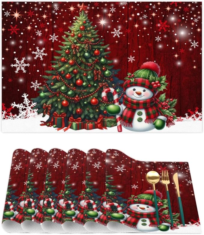 Xmas Christmas Tree Snowman Red Placemats Set of 6 PVC Vinyl Non Slip Table Mats Heat Resistant Place Mats Washable Wipeable Dining Table Mat for Kitchen Decor Party Indoor Outdoor Decorative Gift