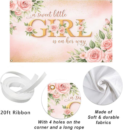 7x5ft Pink Floral Girl Baby Shower Decorations, A Sweet Little Girl is on Her Way Baby Shower Party Backdrop, Photography Background Banner for Gender Reveal, Maternity Photo Booth