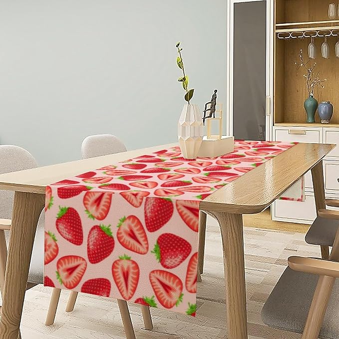Strawberry Table Runner, Spring Summer Fruit Birthday Party Decorations Dining Room Home Kitchen Table Decor 13 x 36In