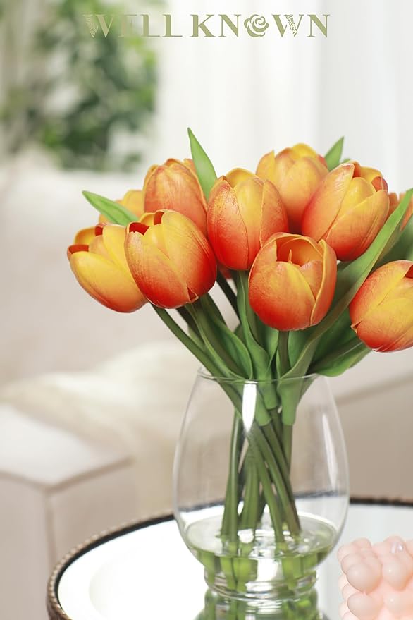 WELL KNOWN 12 Pcs Tulips Artificial Flowers in Vase, Real Touch Tulips with Vase with Upgrate Acrylic Water Flower Arrangements Centerpiece for Dining Room Table Decoration（Orange）