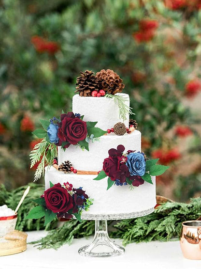 Rinlong 3Pcs Pre-made Cake Toppers - Flowers for Christmas, Wedding, Baptism - Burgundy, Navy Xmas Cake Decorations