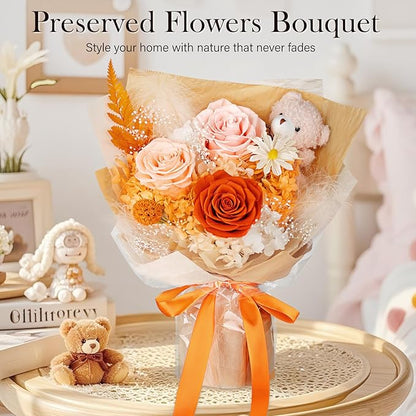 Preserved Flowers Bouquet with Bear, 3 Real Forever Flowers for Delivery, Long-Lasting Orange Eteranl Roses Bouquet Birthday Gifts for Women, Mother, Wife, Her