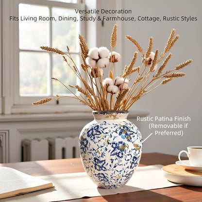 Vintage Blue and White Floral Ceramic Vase – Round Pottery Terracotta Jar for Home Decor, Rustic Farmhouse Boho Table Centerpiece, Fresh or Dried Flower Holder, 7.9 Inch Decorative Accent