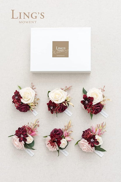 Ling's moment 6pcs Wedding Wrist Corsage Artificial Flowers, Girl/Mother Homecoming Prom Corsages Wristlet Décor, etc. Burgundy Marsala Blush