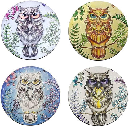 Watercolor Owl Round Coaster Set - Made of Recycled Rubber - Set of 4