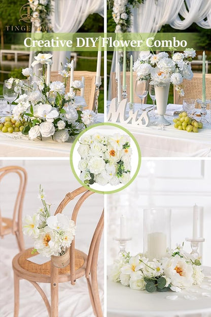 TINGE TIME Artificial Flowers Combo Mix Silk Flowers White Roses w/stem for DIY Wedding Bridal Bouquets Baby Shower Floral Arrangement Table Centerpieces Home Decorations (Ivory White)