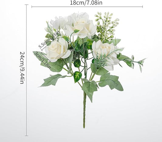 Artificial Flower 5 Branches Artificial Silk Fake Flowers Bouquet Small Roses for Wedding Home Office Tables Decor 4 Packs(White)