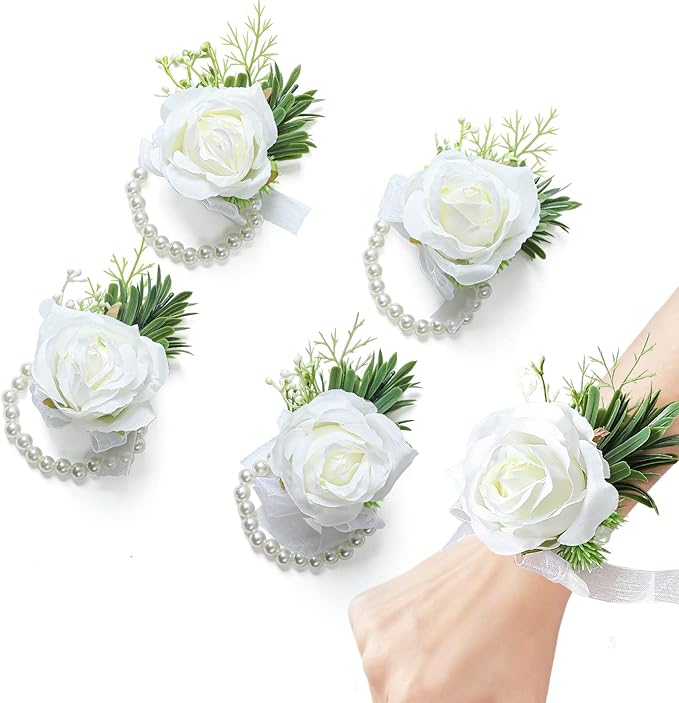 4pcs Wedding White Rose Wrist Flowers Artificial Rose Flowers for Ceremony Prom Party Accessories (4 Wrist Corsage White)