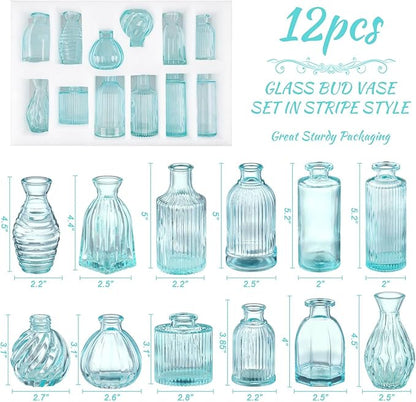 Bud Vases Set of 12, Blue Glass Vase Small Vintage Flower Vase for Decor Ribbed Glass Bud Vases in Bulk Wedding Decor Bridal Shower Party Centerpieces Home Room Table Decorations