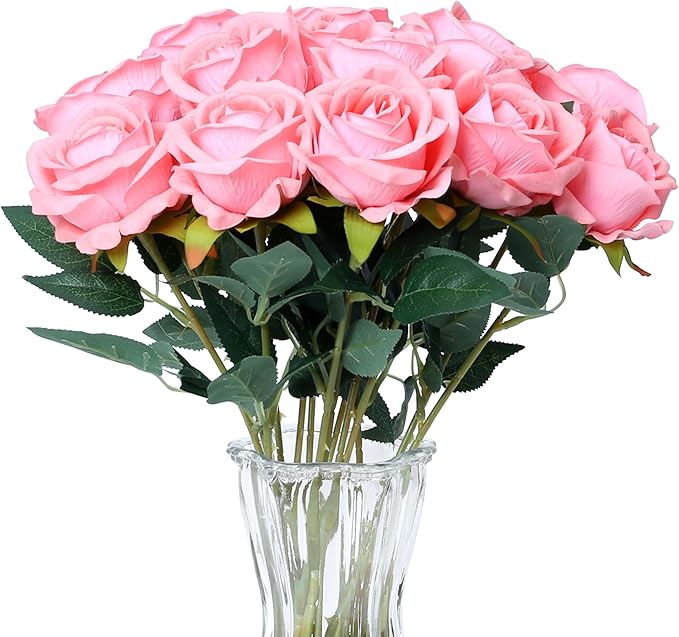 SITUMEIZI 15PCS Pink Artificial Roses Silk Flowers Fake Roses Realistic Bouquet Long Stem with Gift Box for Mother's Gift Day Home Party Wedding Decorations