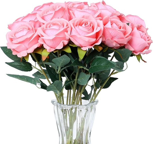 SITUMEIZI 15PCS Pink Artificial Roses Silk Flowers Fake Roses Realistic Bouquet Long Stem with Gift Box for Mother's Gift Day Home Party Wedding Decorations