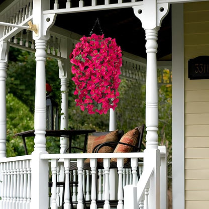 2 pcs Artificial Faux Bougainvillea Flowers Plants for Outdoor Outside Summer Decoration, Fake Silk UV Resistant Long Trailing Vines for Front Door Porch Planter Balcony (Purple Rose Red)