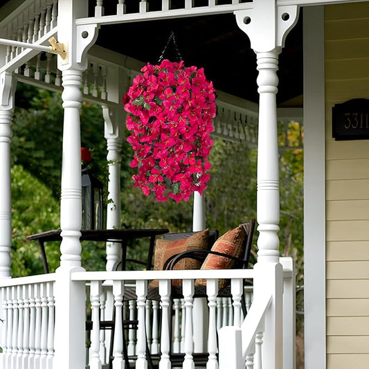 2 pcs Artificial Faux Bougainvillea Flowers Plants for Outdoor Outside Summer Decoration, Fake Silk UV Resistant Long Trailing Vines for Front Door Porch Planter Balcony (Purple Rose Red)