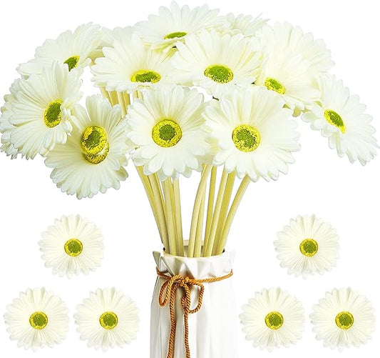 WILLBOND 18 Pieces Artificial Gerbera Daisies Flowers Fake Daisy Faux Boho Daisy Flowers Bouquet 15 in for Boho Birthday Decorations Wedding Home Decor (White)