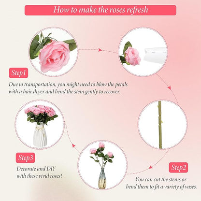 Hotop 20 Pcs Artificial Rose Flowers with Long Stem,Real Touch Silk Realistic Plastic Bouquet Roses Bulk for Home Decor Bridal Wedding Party Table Centerpieces Decorations(Pink)