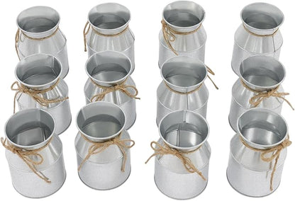 Flower Vase Decor, Farmhouse Metal Galvanized Milk Can Jug Vase with Bow, Flower Buckets for Artificial Flowers for Table Centerpiece Weddings(Silver)