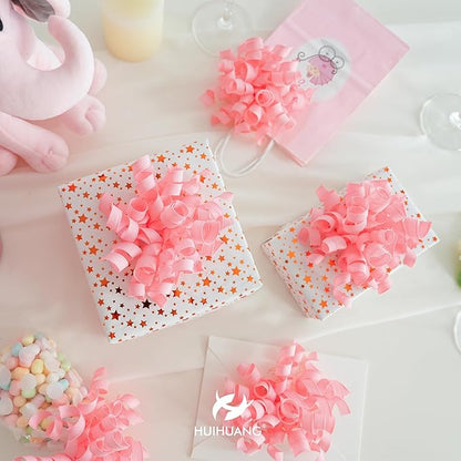 HUIHUANG Pink Bows for Gift Wrapping, Pink Curly Ribbon Bows Self Adhesive Burst Gift Bow for Presents, Wine Bottle, Treat Bags, Wrap Accessories, Bridal Shower Wedding Party Favor - 6 Counts