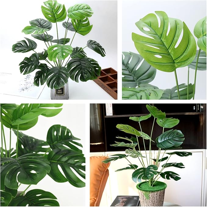 Artificial Monstera Plants, Fake Tropical Turtle Leaf Greenery Shrubs Decor Plant Faux Palm Tree Leaves Stems for Outdoor Indoor Decor Home Garden Party Wedding Bedroom Room Office Decoration 1 Pack