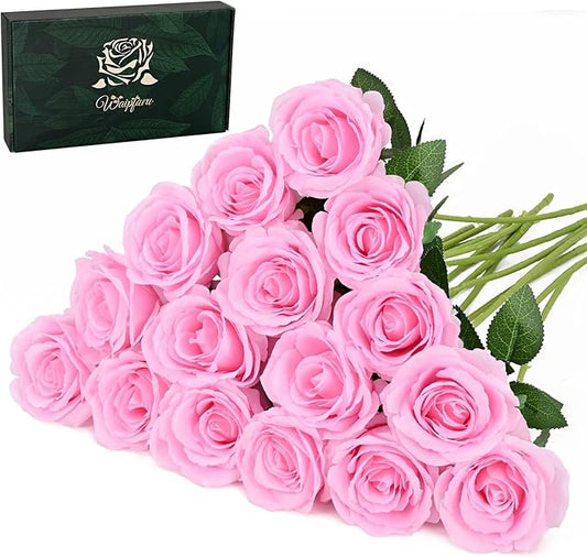 Waipfaru 16 Pcs Valentines Day Flowers, Fake Roses Artificial Flowers with Long Stems, Silk Pink Roses Bouquet for Wedding Vase Mothers Day Flower Arrangement Home Decor (Pink)