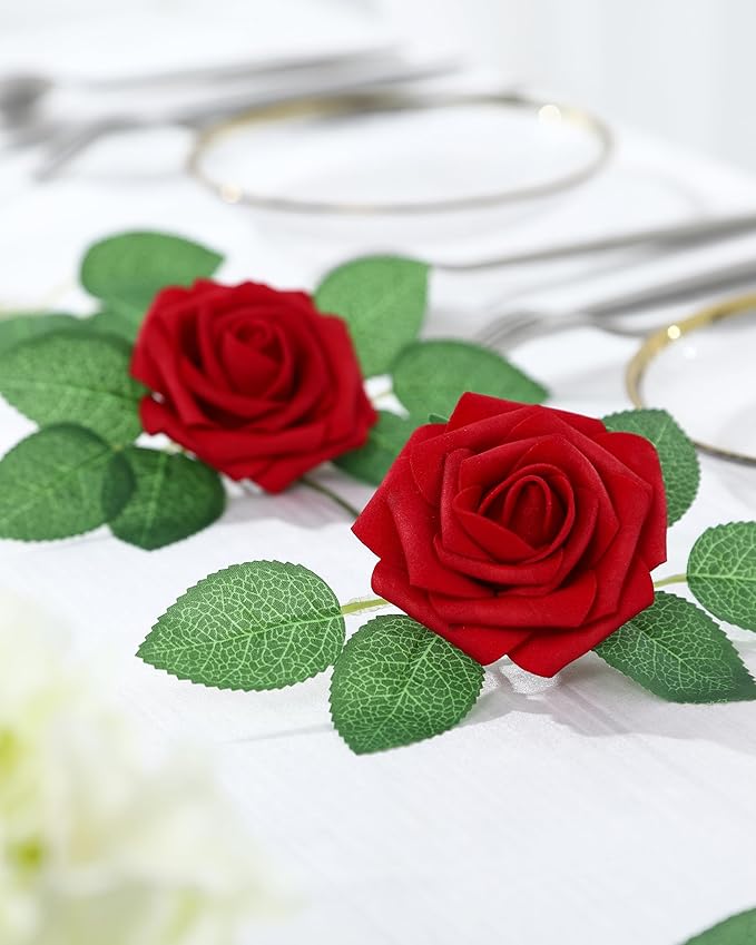DuHouse 50Pcs Artificial Roses Flowers Fake Roses with Stems Real Touch Foam Flowers for DIY Wedding Bouquet Baby Shower Centerpiece Floral Arrangement Party Home Decor(Dark Red)